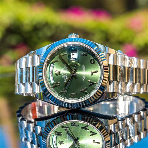 rolex day date green dial arabic|Rolex arabic dial price.